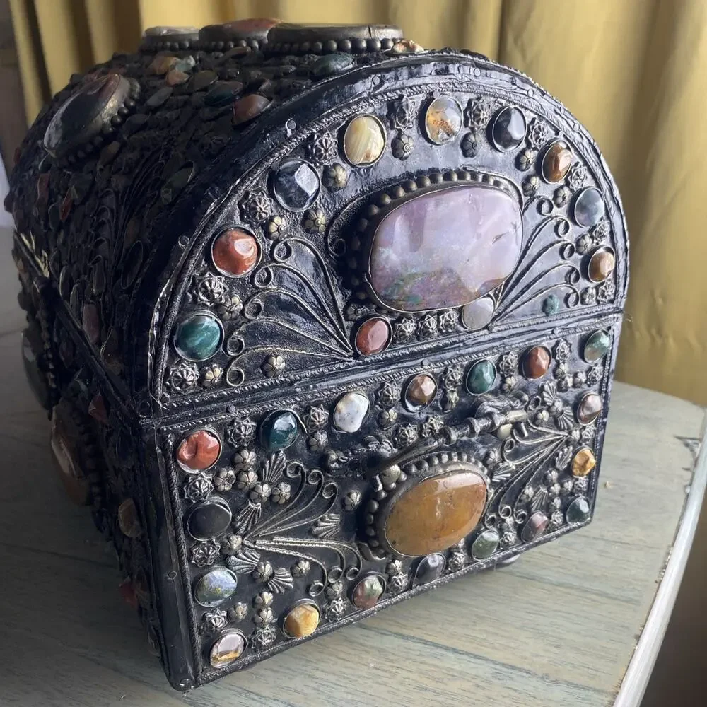 Vintage Moroccan Indian Wedding Jewelry Chest Box Dome Top Mixed Stones